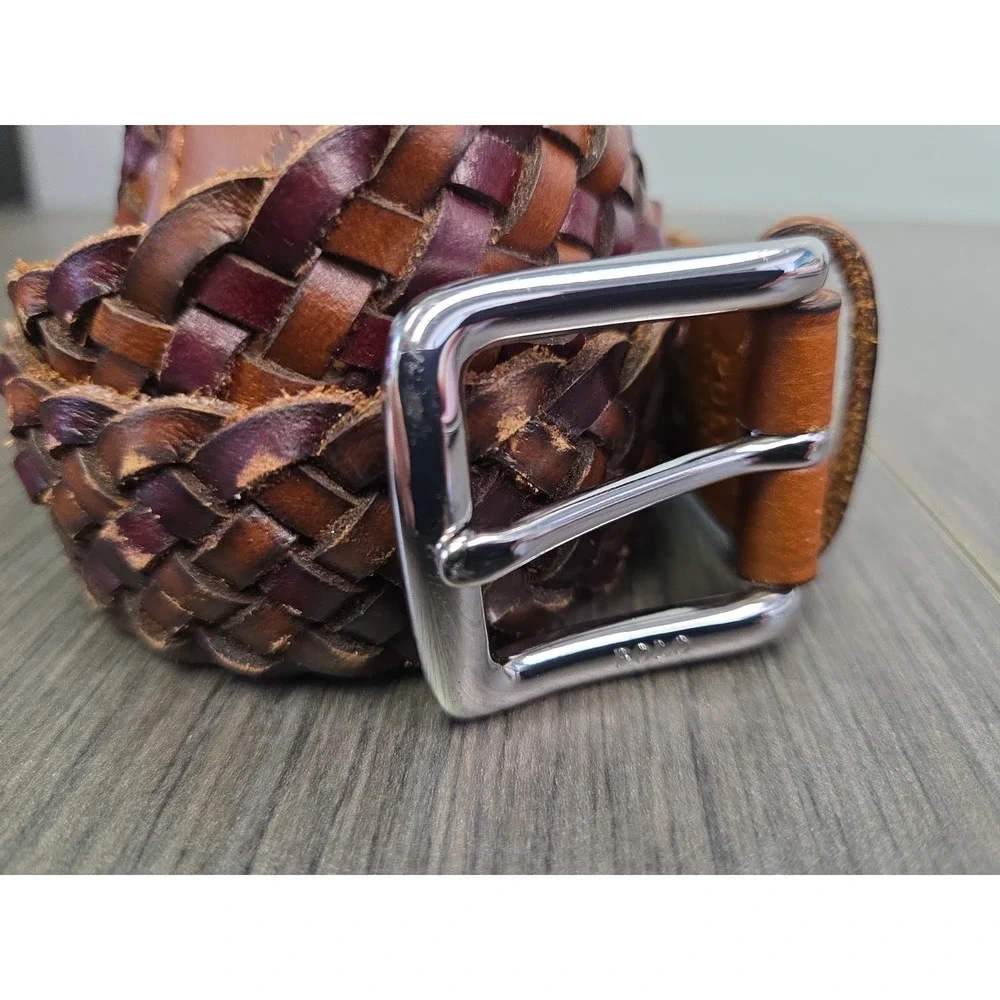 Polo Ralph Lauren Mens Braided Vachetta Leather Belt 32 Brown Silver Buckle LOGO